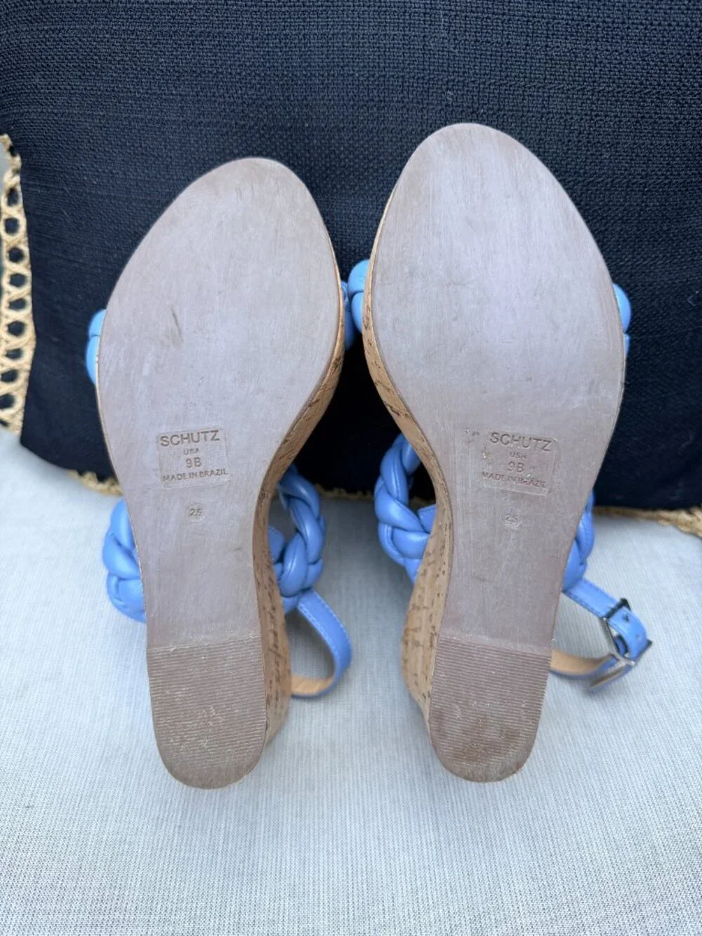 Schutz Cornflower/Periwinkle Blue Braided Leather Cork Platform Wedge Sandals 9